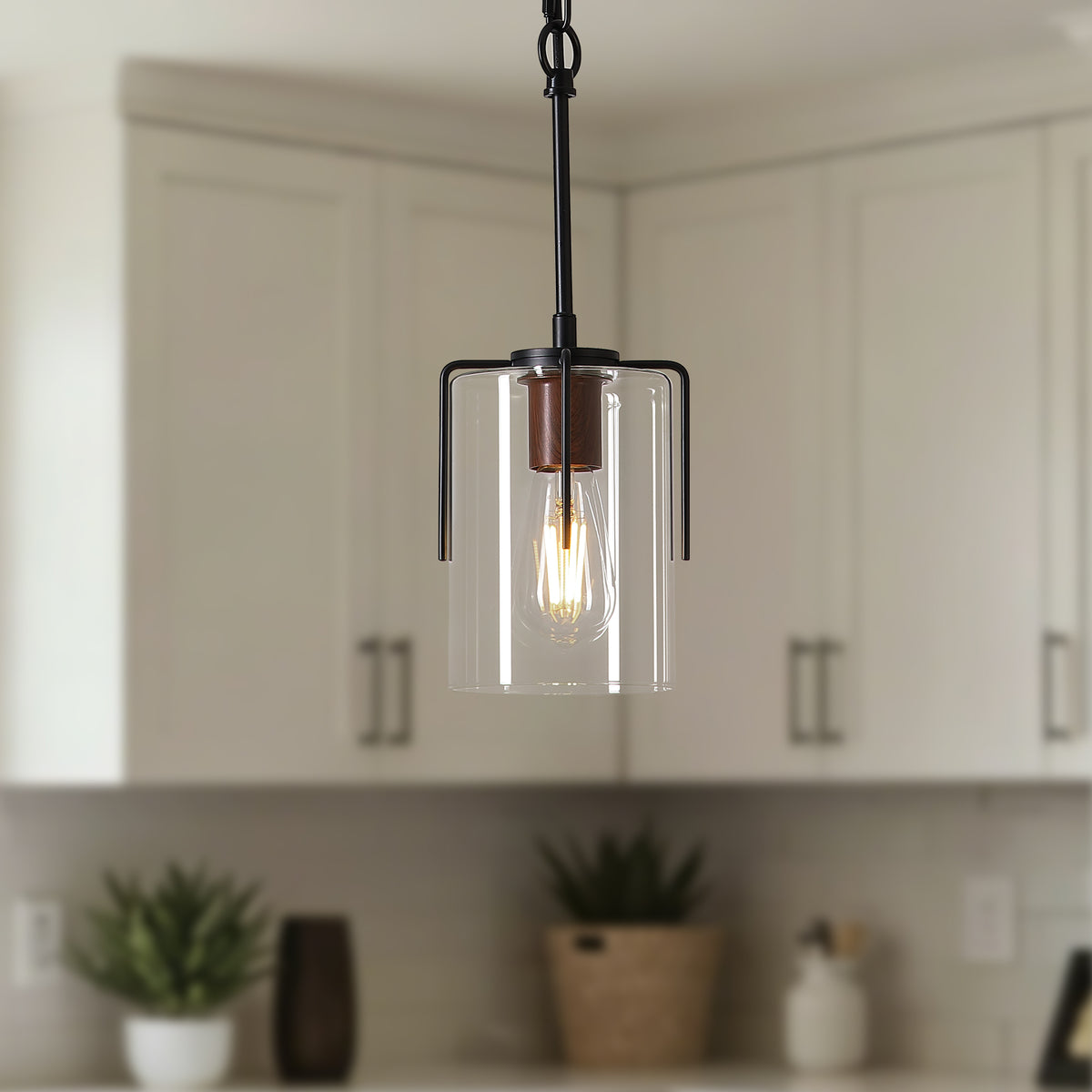 Close-up detail of Pendant Light Farmhouse Clear Glass Shade Black Glass