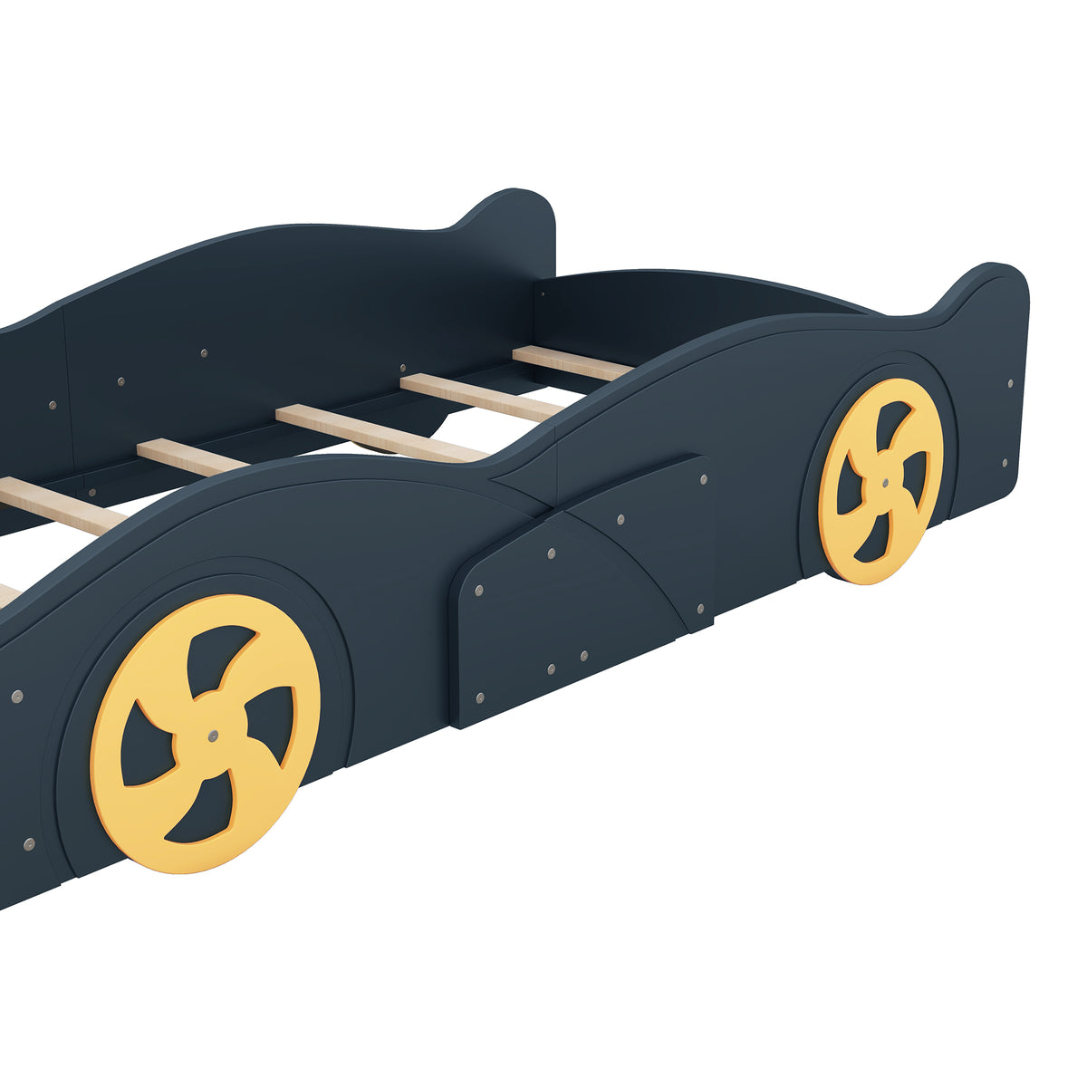 Construction and detail view of Platform Bed Frame Race Car Storage Dark Blue Solid Wood & MDF Twin Size
