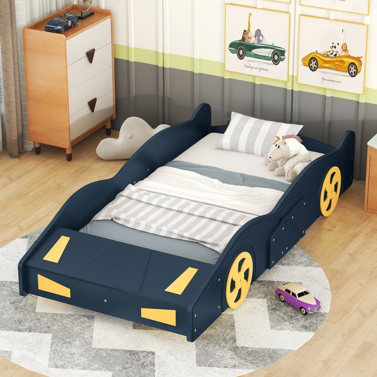 Platform Bed Frame Race Car Storage Dark Blue Solid Wood & MDF Twin Size in a modern bedroom