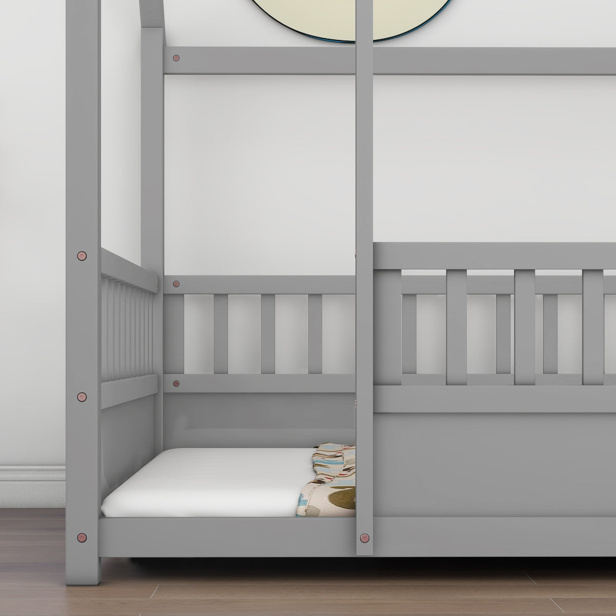 Design feature view of Bed Frame Modern House Roof & Guardrails Gray Wood Full Size