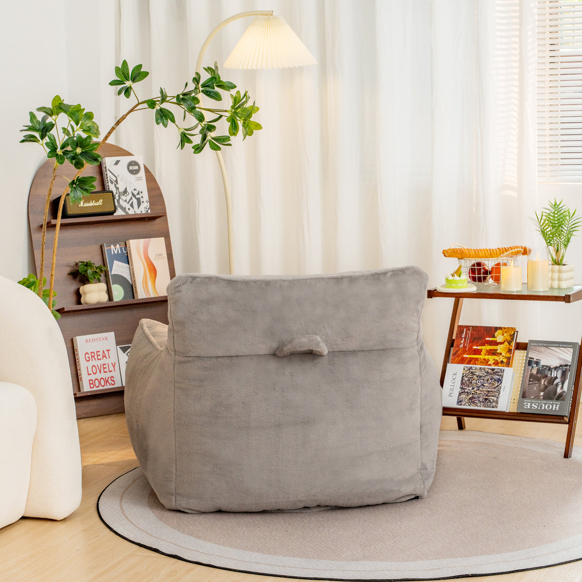 Construction and detail view of Bean Bag Chair Oversized Seating Gray Faux Fur