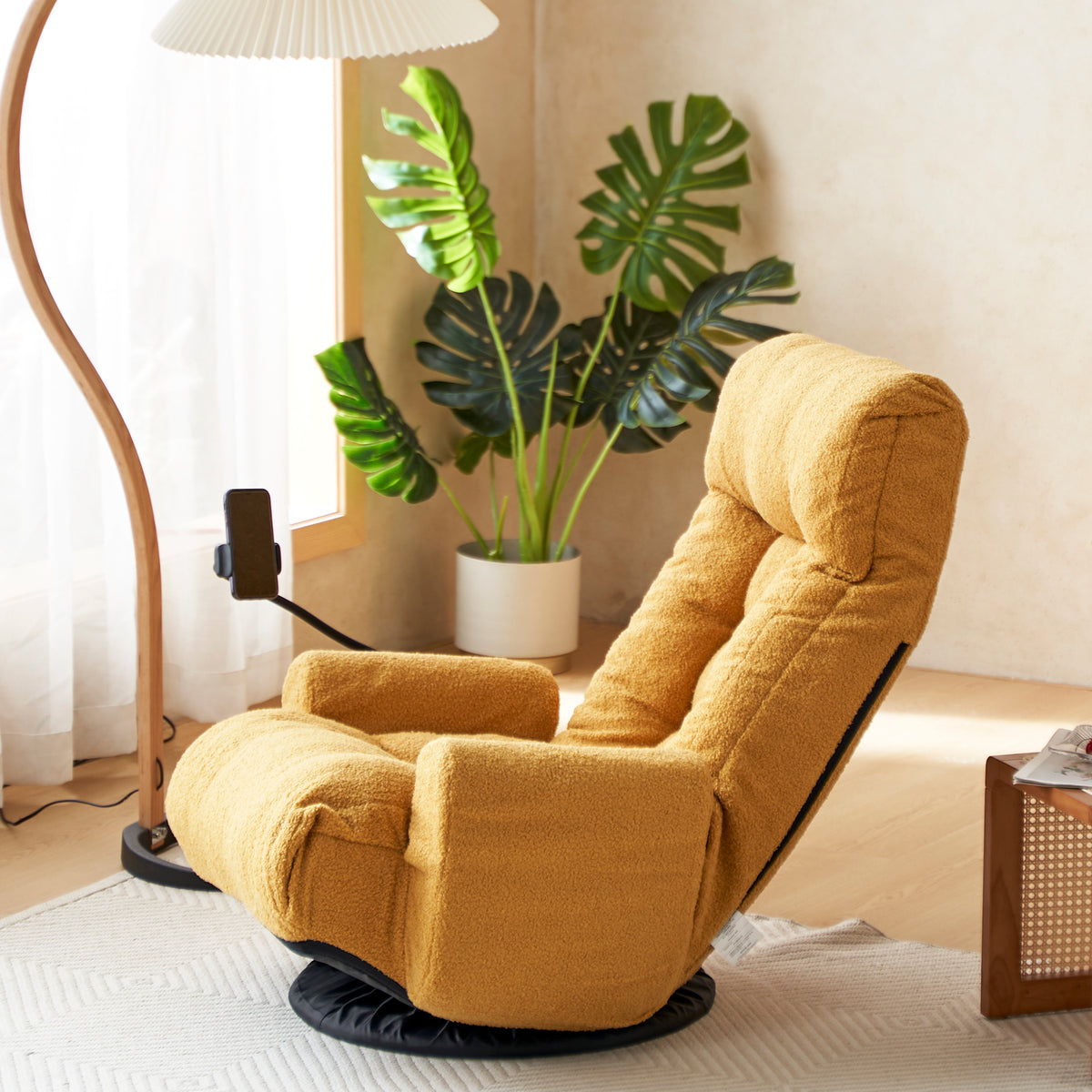 Design feature view of Swivel Lounge Chair 360° Swivel & Headrest Yellow Metal