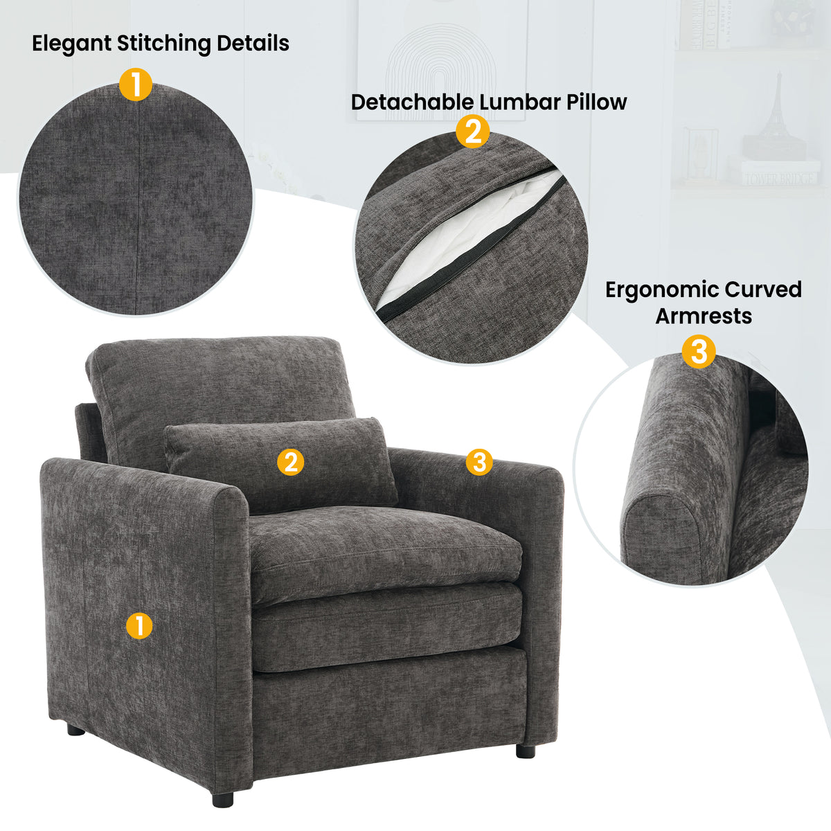 Additional product detail of Accent Chair Double Cushion Gray Chenille