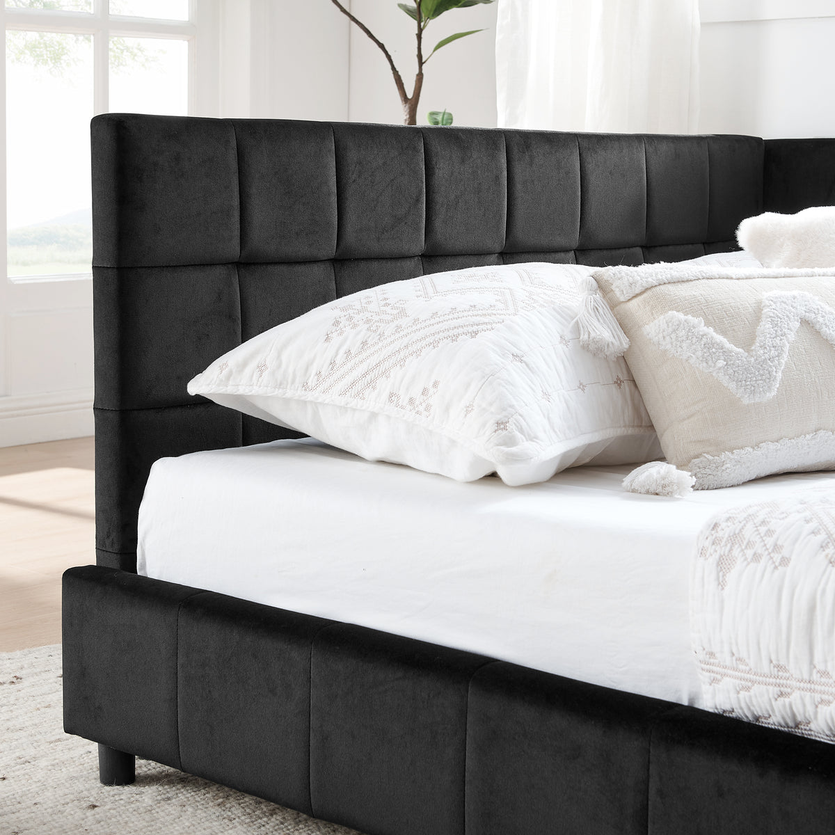 Additional view of Bed Frame Modern Supportive Frame Black Velvet Full Size