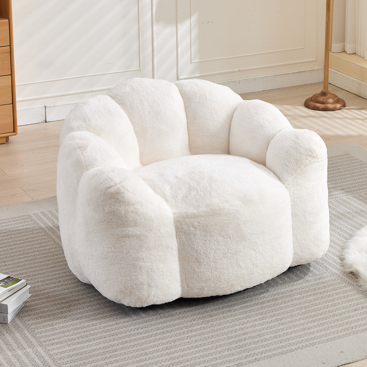 Bean Bag Chair Compressed Foam White Faux Fur in a modern living room