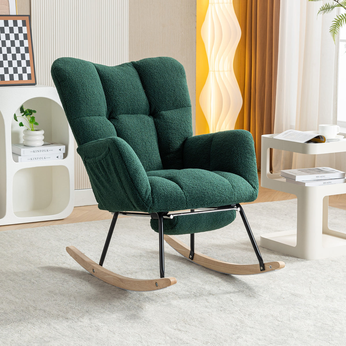 Additional view of Rocking Chair Adjustable Footstool Green Teddy Fabric