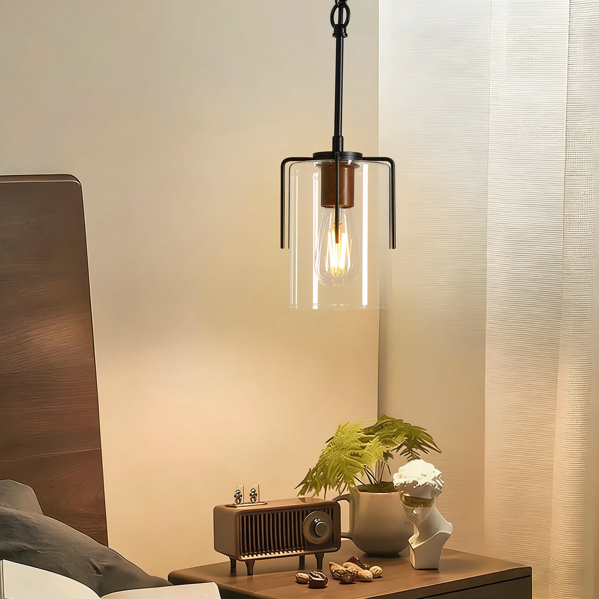 Full product view of Pendant Light Farmhouse Clear Glass Shade Black Glass