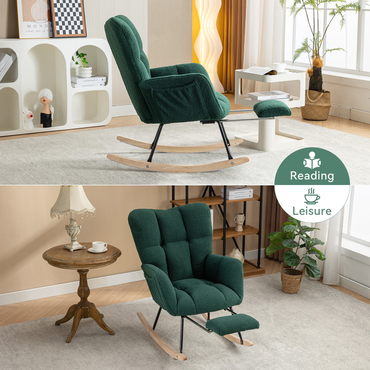 Construction and detail view of Rocking Chair Adjustable Footstool Green Teddy Fabric
