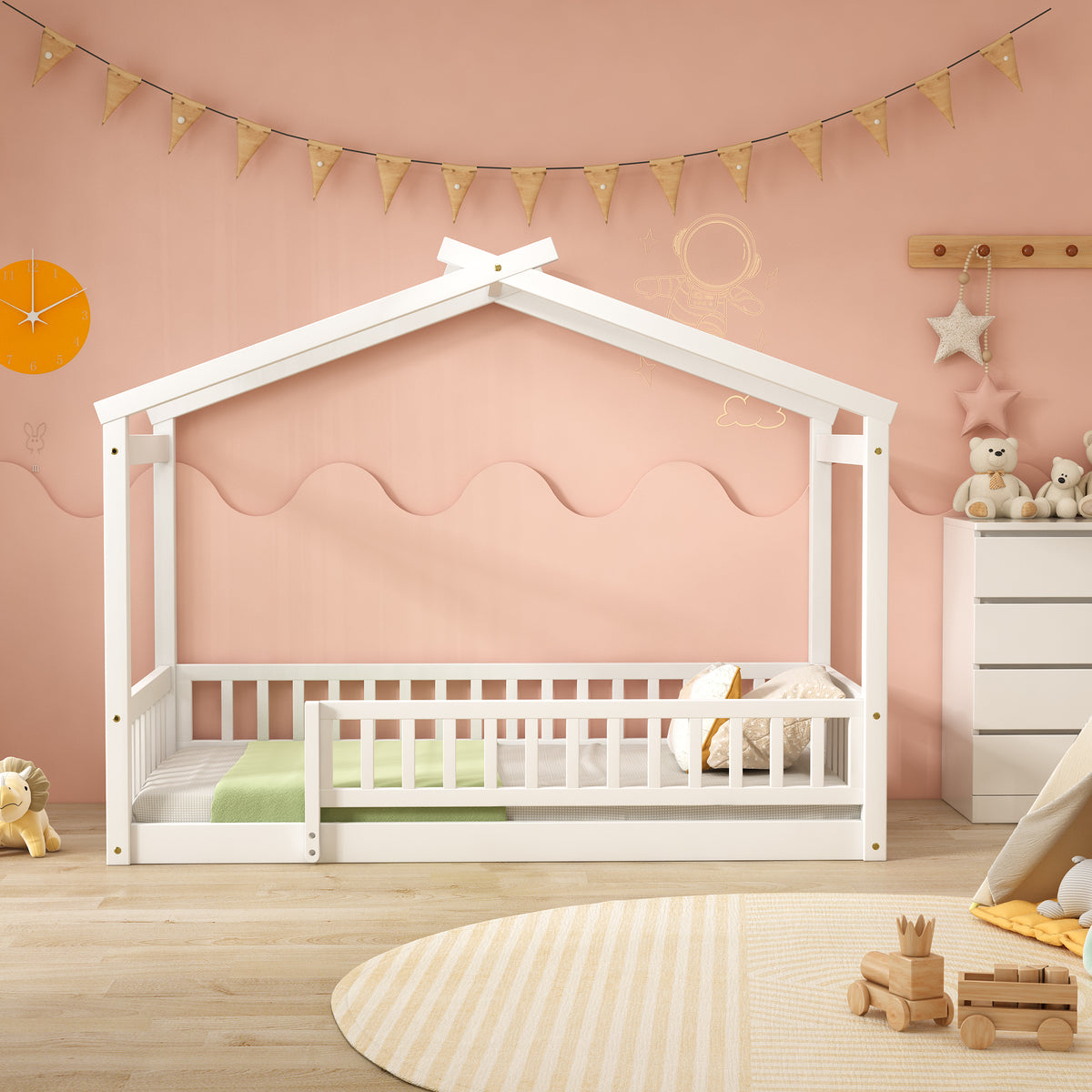 Kids Bed Frame House Frame & Fence White Pine Wood Twin Size in a modern bedroom