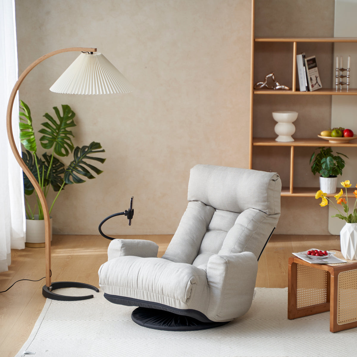 Swivel Lounge Chair 360° Swivel & Headrest Gray Metal in a modern living room