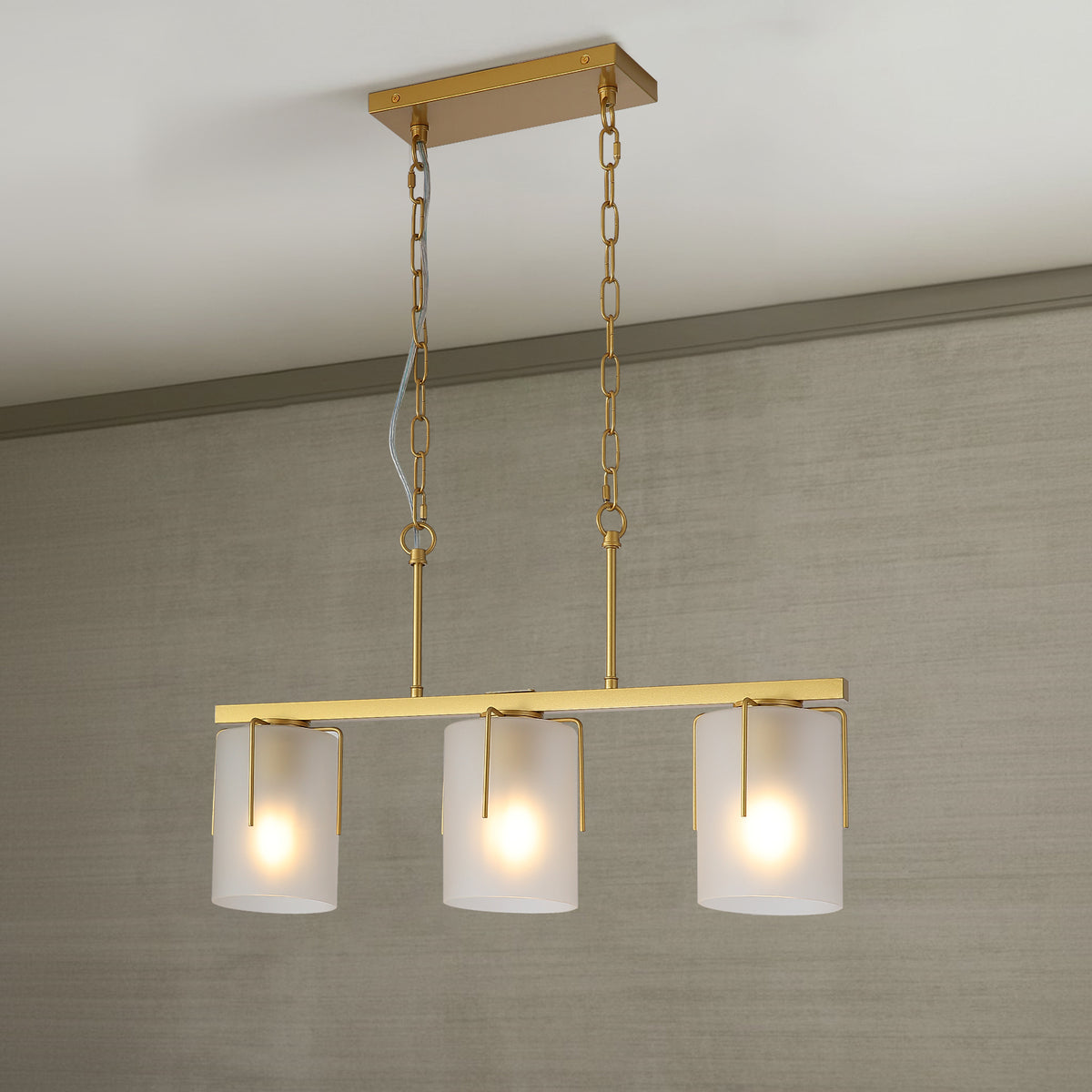Chandelier Modern 3-Light Linear Gold Glass & Metal in a modern home interior