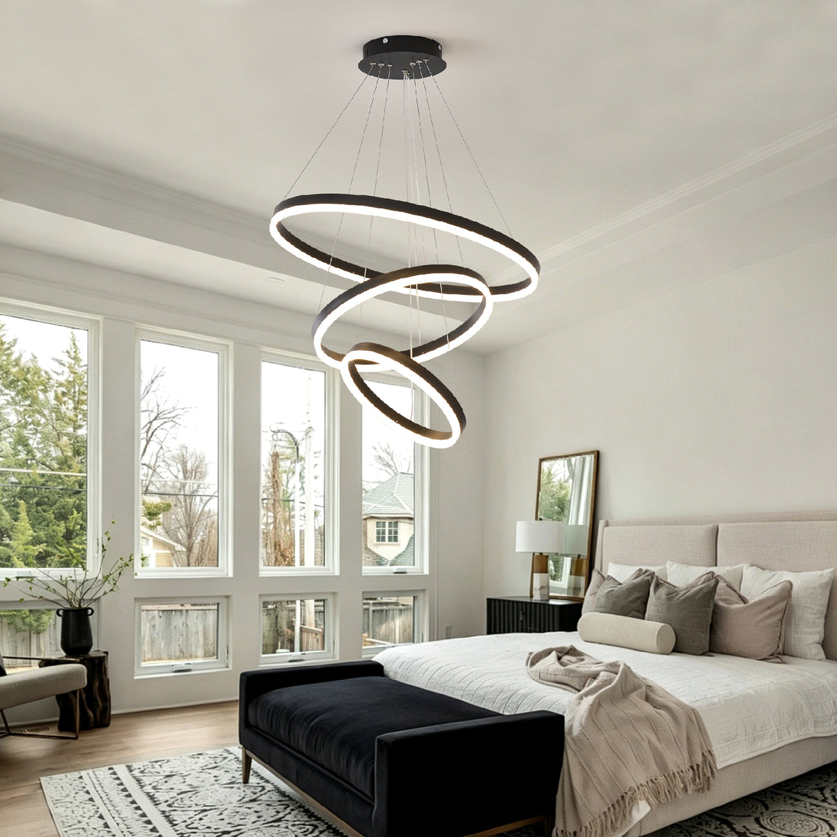 Alternate angle of Chandelier 3-Ring Dimmable LED Black Acrylic & Aluminum