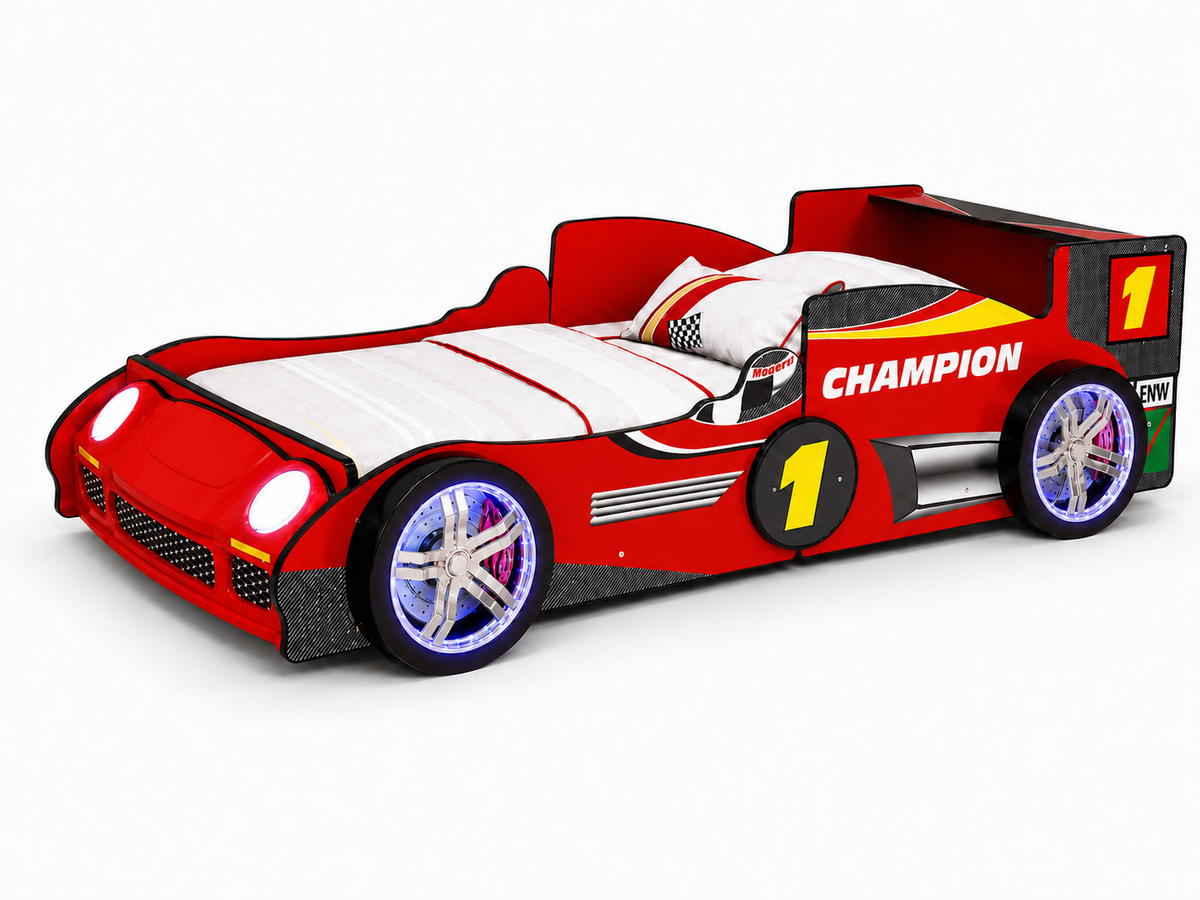 Construction and detail view of Bed Frame LED Race Car Design Red Particle Board Twin Size