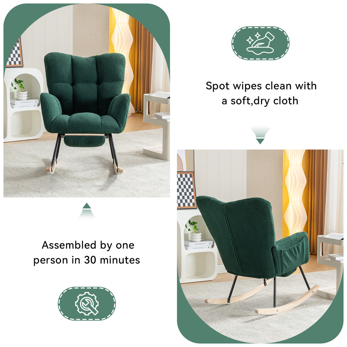 Additional product detail of Rocking Chair Adjustable Footstool Green Teddy Fabric
