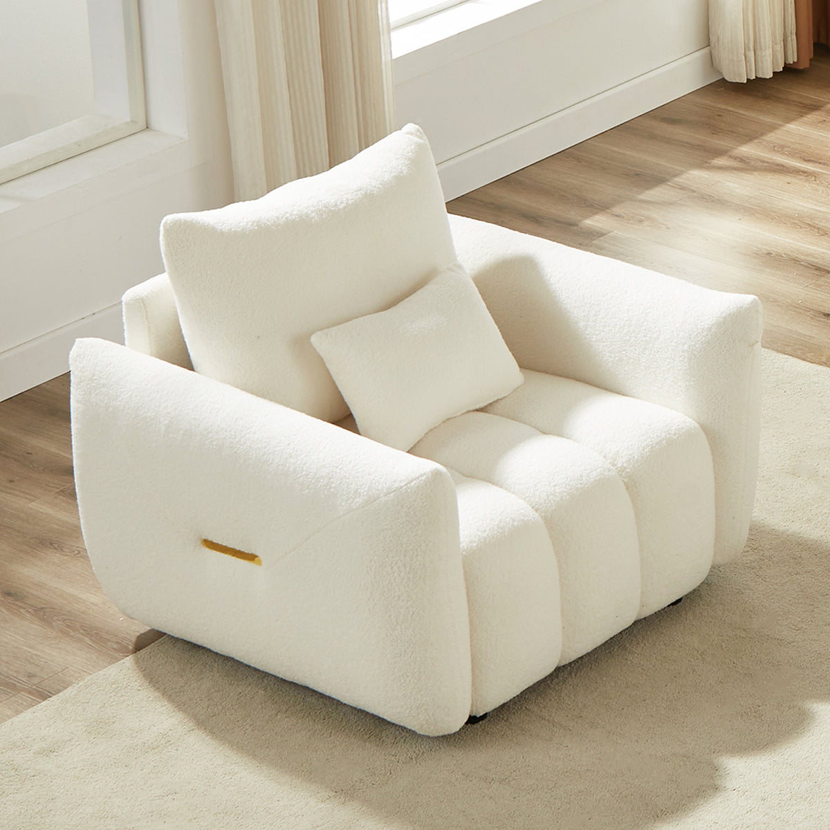 Lounge Chair Cushioned Seating Beige Teddy Fabric in a modern living room