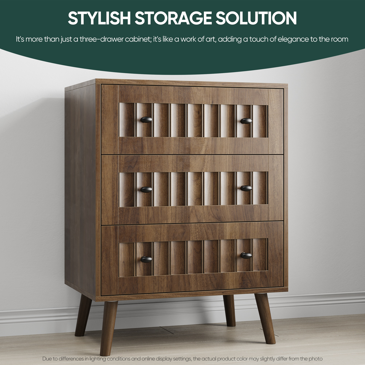 Construction and detail view of Dresser 3-Drawer Storage Walnut Wood