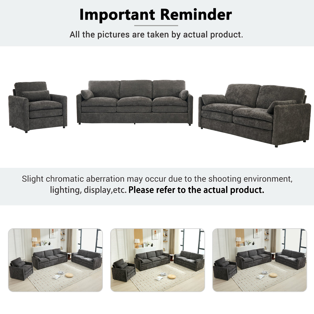 Additional product detail of Sofa Set Modern Double-Cushion Seating Gray Chenille 6-Seater