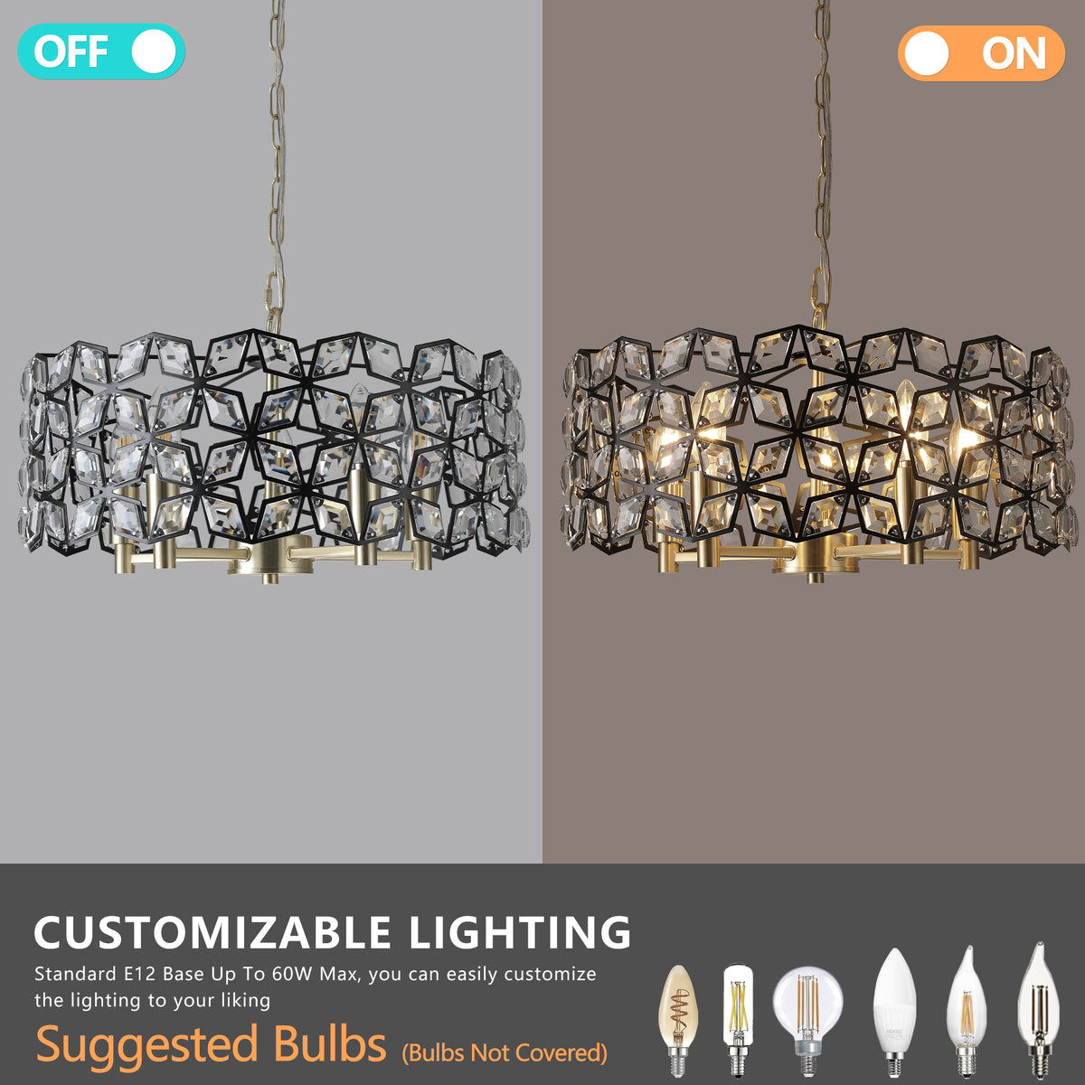Additional view of Pendant Chandelier 5-Light Crystal Black & Gold Crystal & Metal