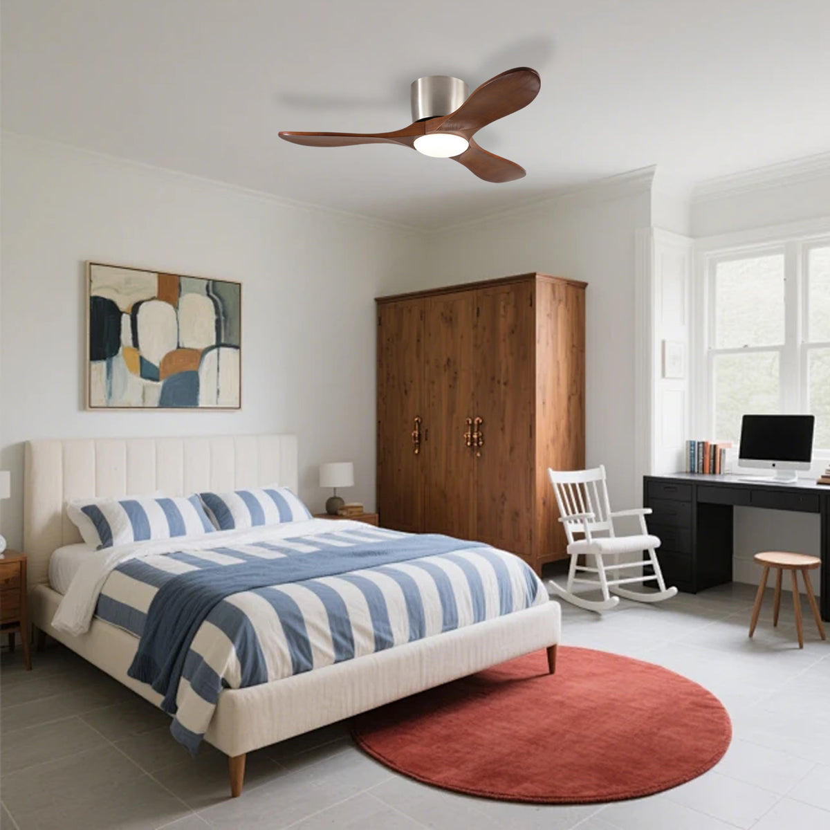 Ceiling Fan Remote Control & LED Light Walnut Wood & Metal in a modern home interior