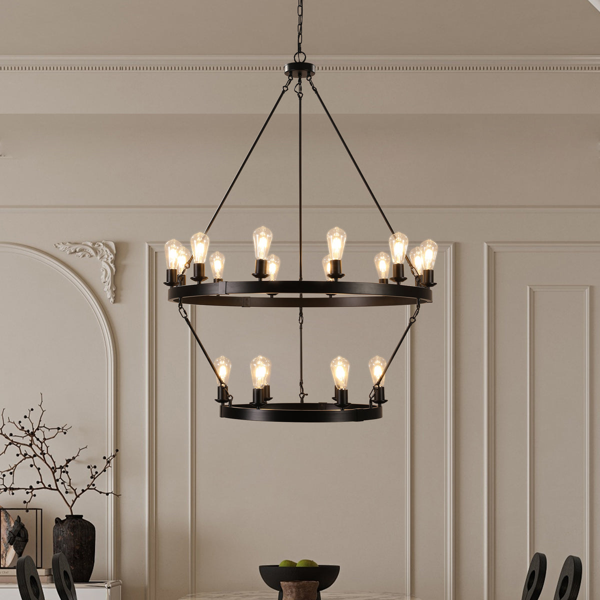Alternate angle of Chandelier Retro 2-Tier Circular Design Black Iron