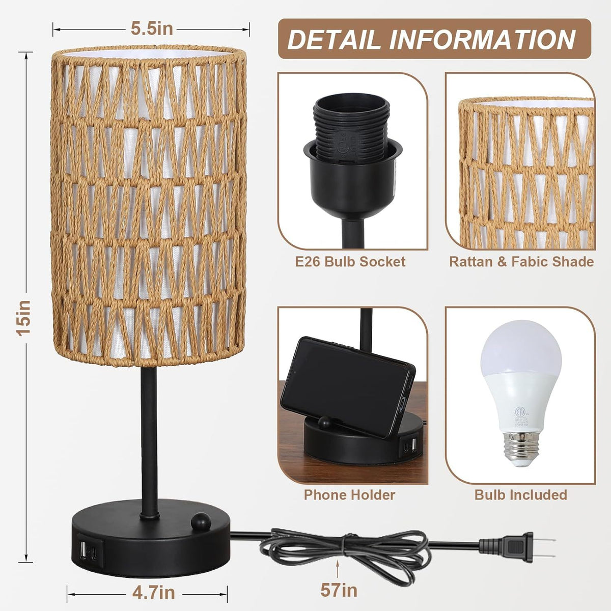 Alternate angle of Table Lamp Boho Touch Control Brown Rattan & Linen