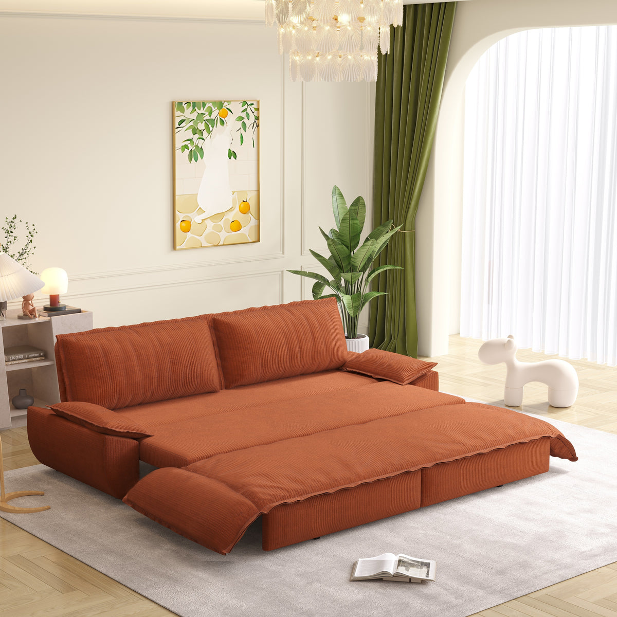 Sofa Bed Pull-Out Sleeper Orange Corduroy in a modern living room