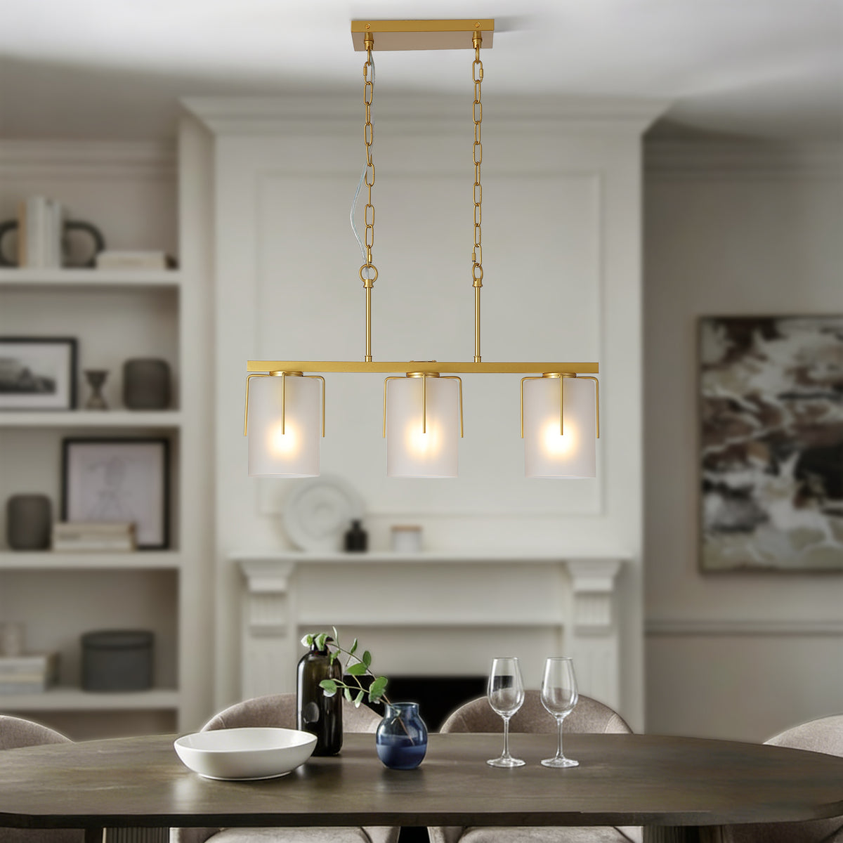 Design feature view of Chandelier Modern 3-Light Linear Gold Glass & Metal