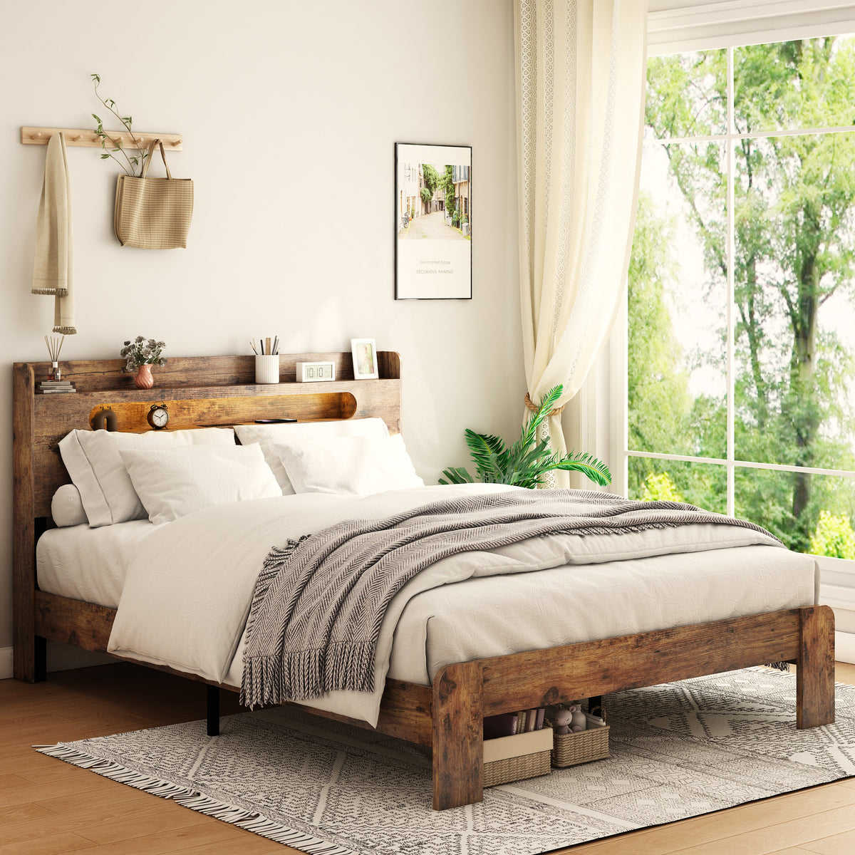 Alternate angle of Platform Bed Frame LED Storage Headboard Dark Brown Wood King Size