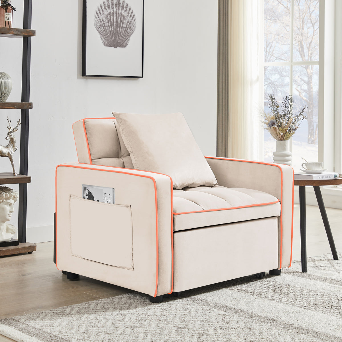 Sofa Bed 3-in-1 Folding Sleeper Creamy White Velvet in a modern living room