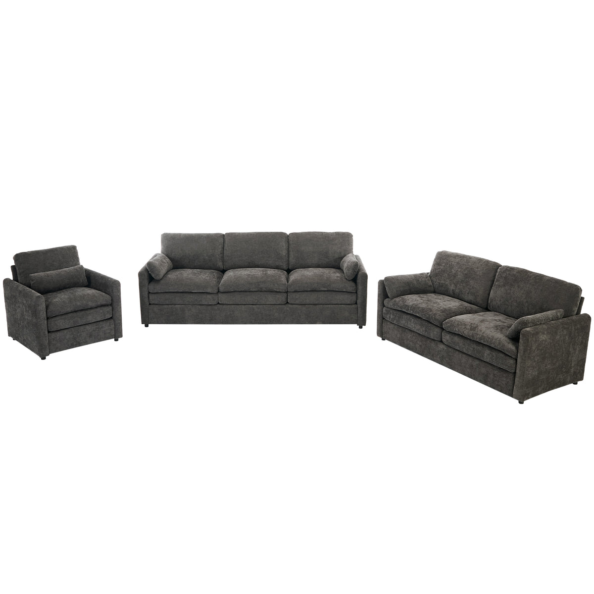 Full product view of Sofa Set Modern Double-Cushion Seating Gray Chenille 6-Seater