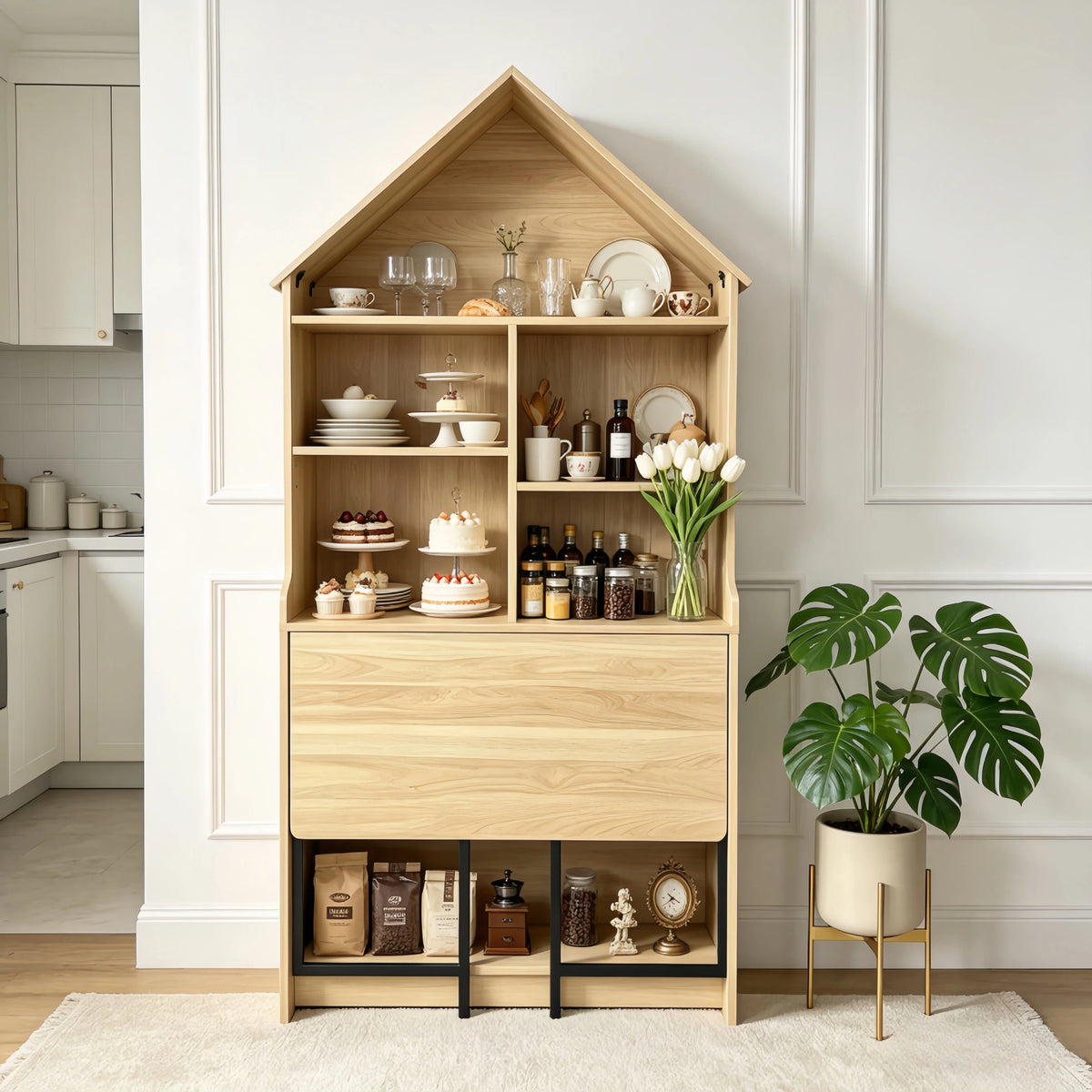 Construction and detail view of Craft Desk Folding Storage Natural Wood MDF
