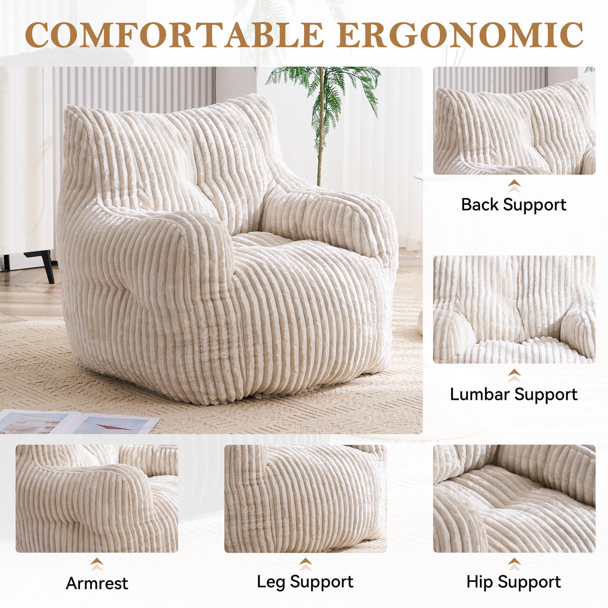 Close-up detail of Bean Bag Chair Cushioned Seating Beige Corduroy