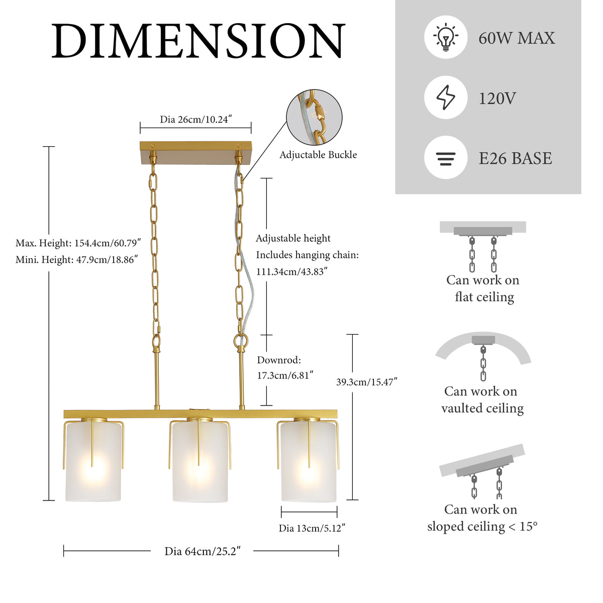 Additional view of Chandelier Modern 3-Light Linear Gold Glass & Metal