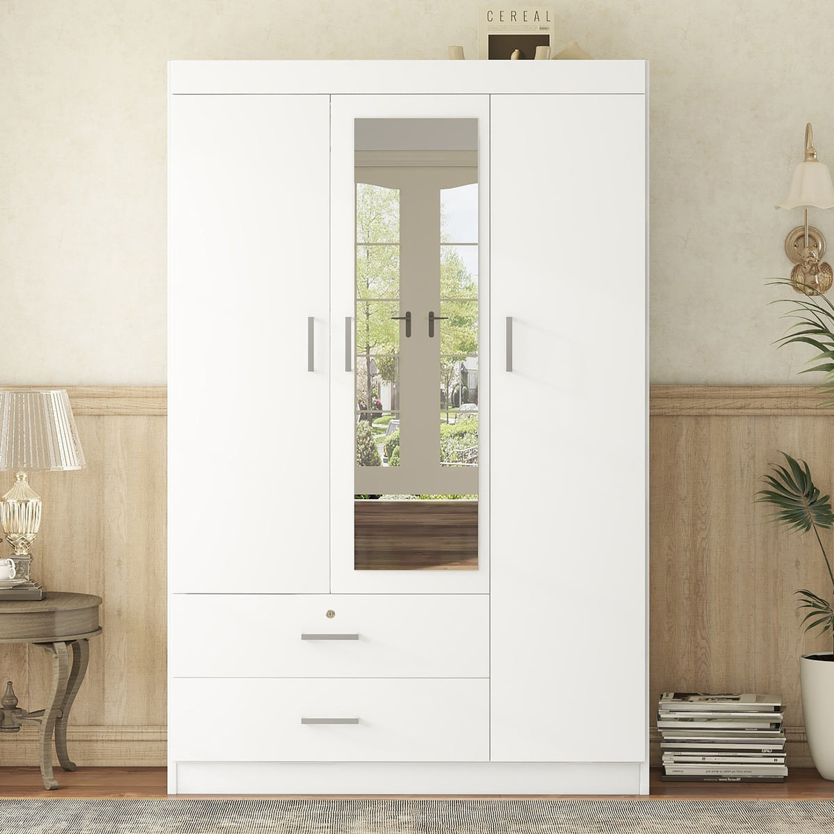 Alternate angle of Mirrored Wardrobe 3-Door Mirrored Storage White Plywood