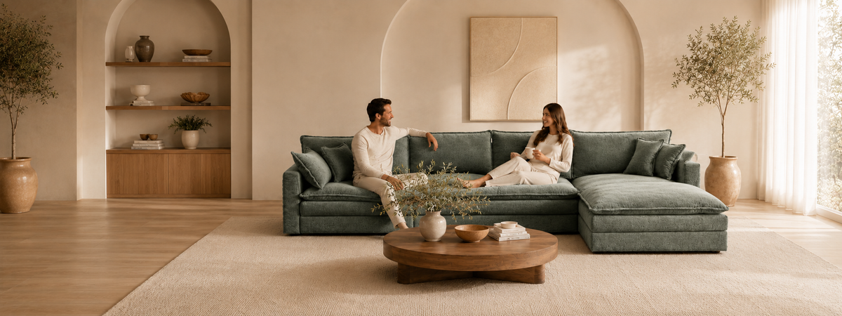 Modern green chenille sectional sofa in a contemporary living room