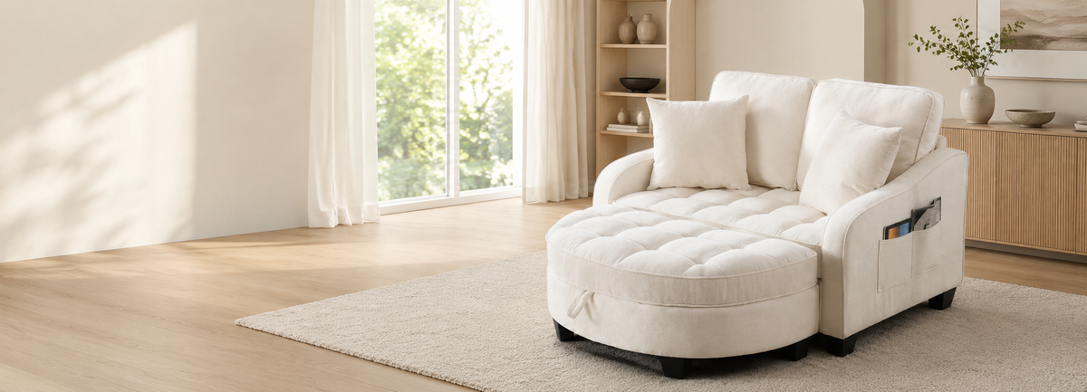 Cream chaise lounge chair with cushioned seat, pillows and side storage pocket in a modern living room