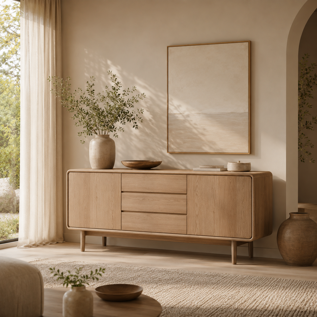 Modern wooden sideboard with drawers and cabinets in a warm minimalist living room