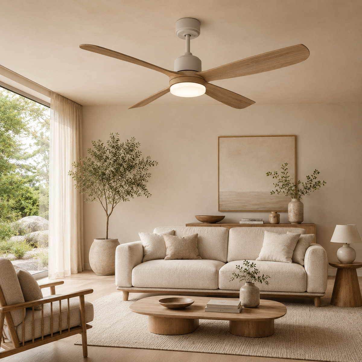 Modern wooden ceiling fan with integrated light above a neutral living room sofa