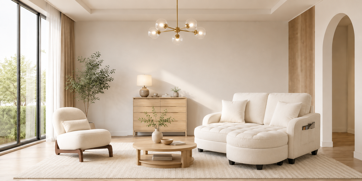 Modern living room after styling with sofa, armchair, coffee table and chandelier
