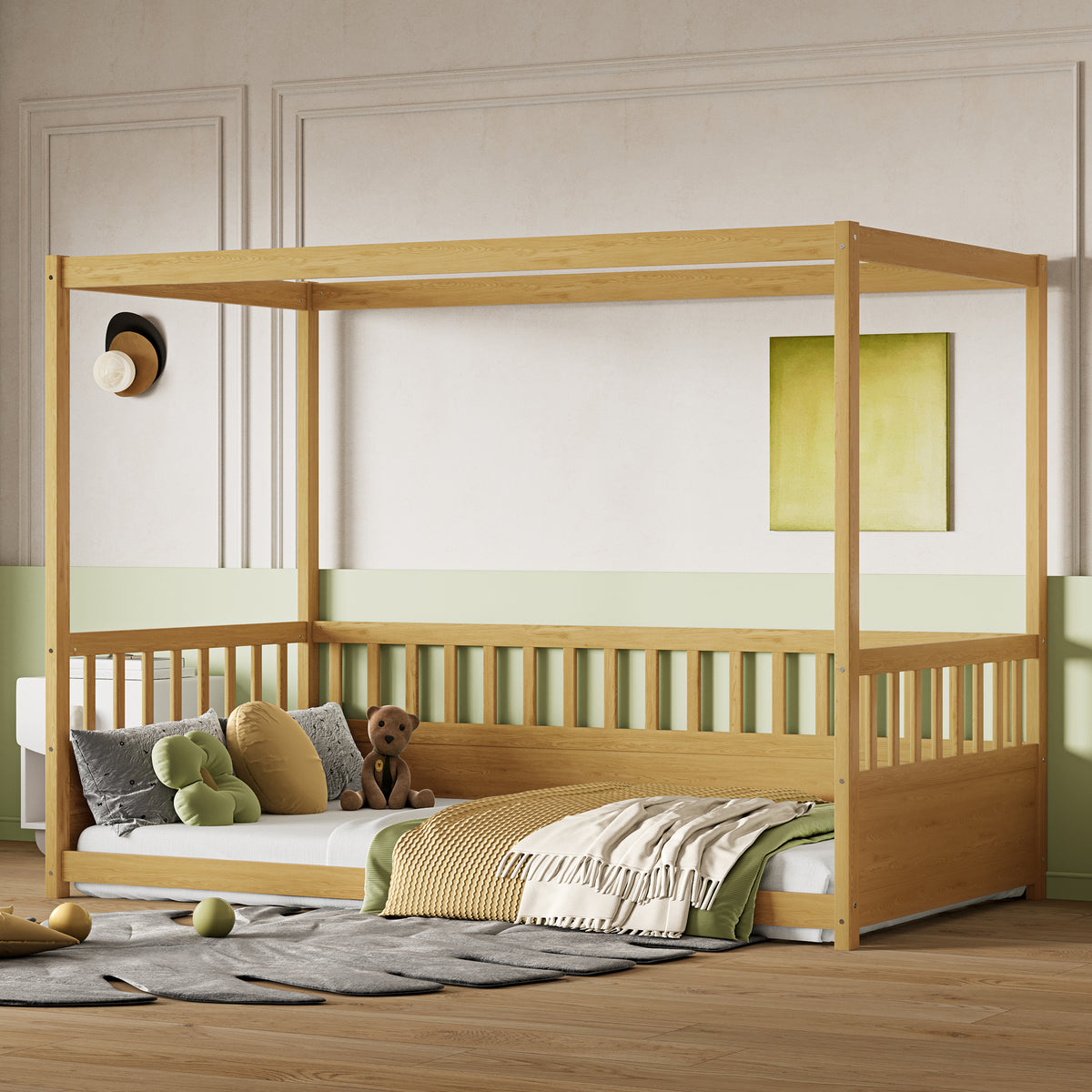 Alternate angle of Canopy Bed Modern Guardrails Natural Wood Pine Twin Size