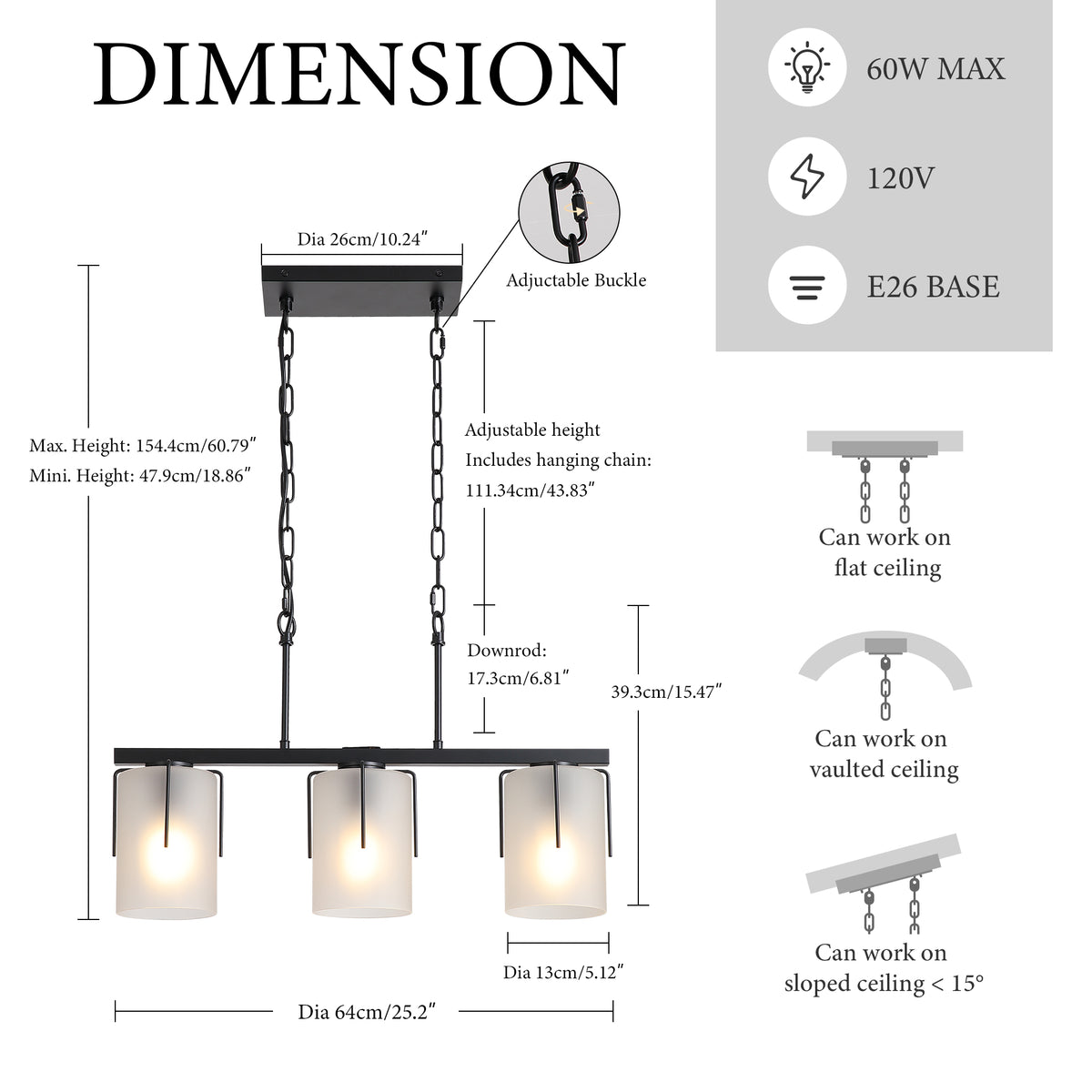 Additional view of Pendant Light Minimalist 3-Light Linear Matte Black Glass