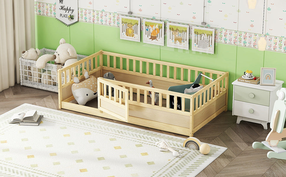 Close-up detail of Bed Frame High Safety Barrier & Door Natural Wood Pine Twin Size