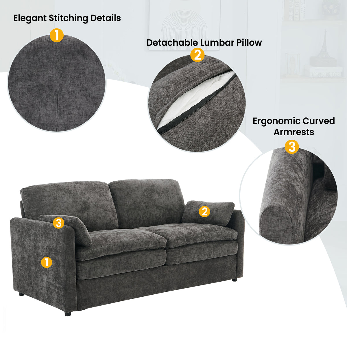 Construction and detail view of Sofa Set Modern Double-Cushion Seating Gray Chenille 6-Seater