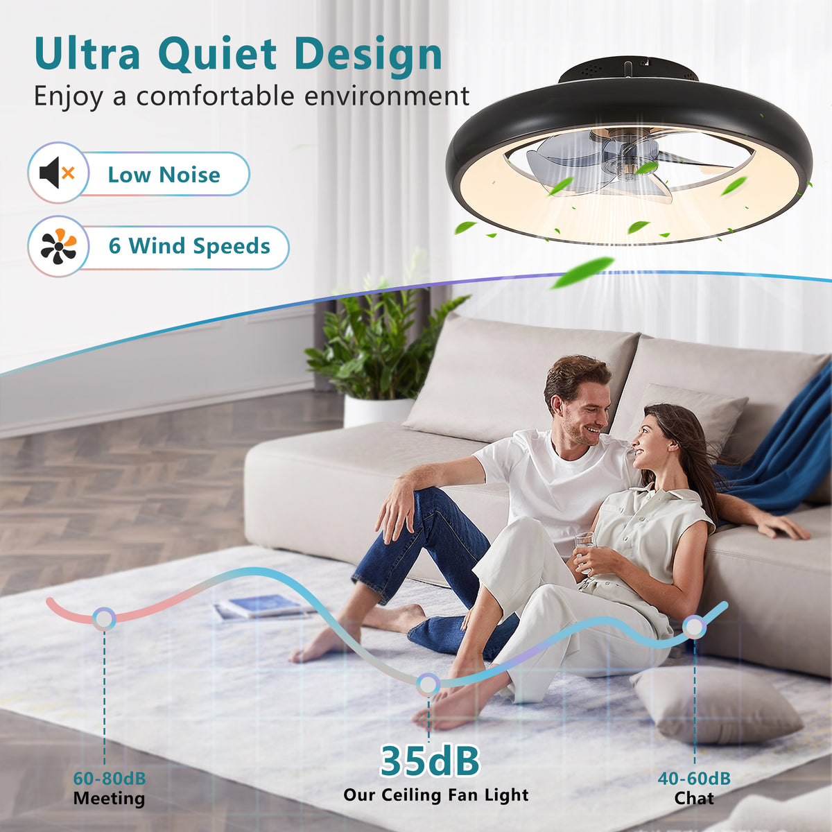 Alternate angle of Ceiling Fan Light Modern Remote Control Black Iron