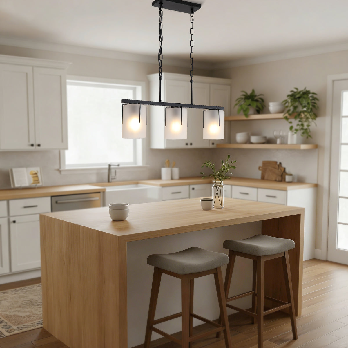 Construction and detail view of Pendant Light Minimalist 3-Light Linear Matte Black Glass