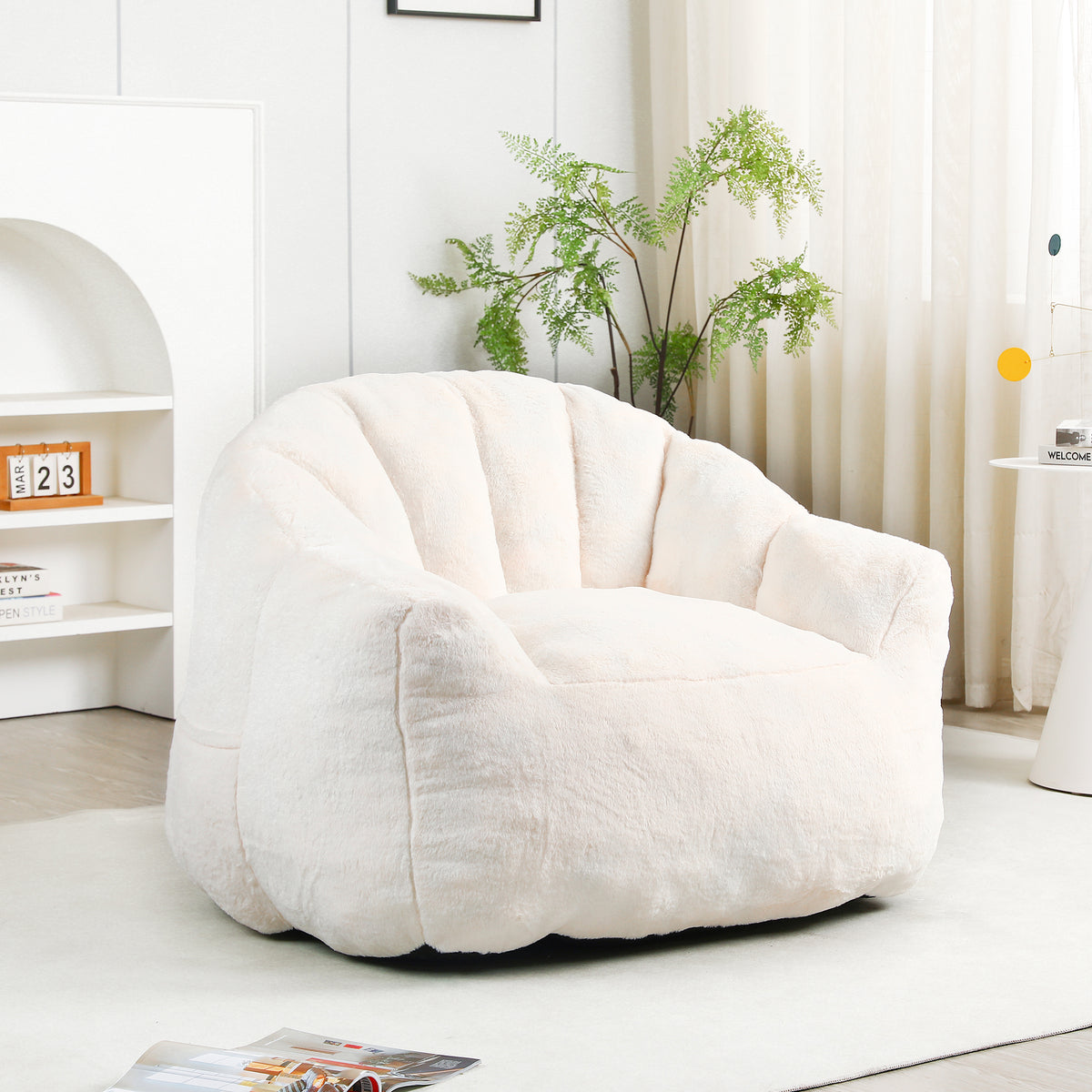 Bean Bag Chair Armrests & High-Density Foam White Faux Fur in a modern living room