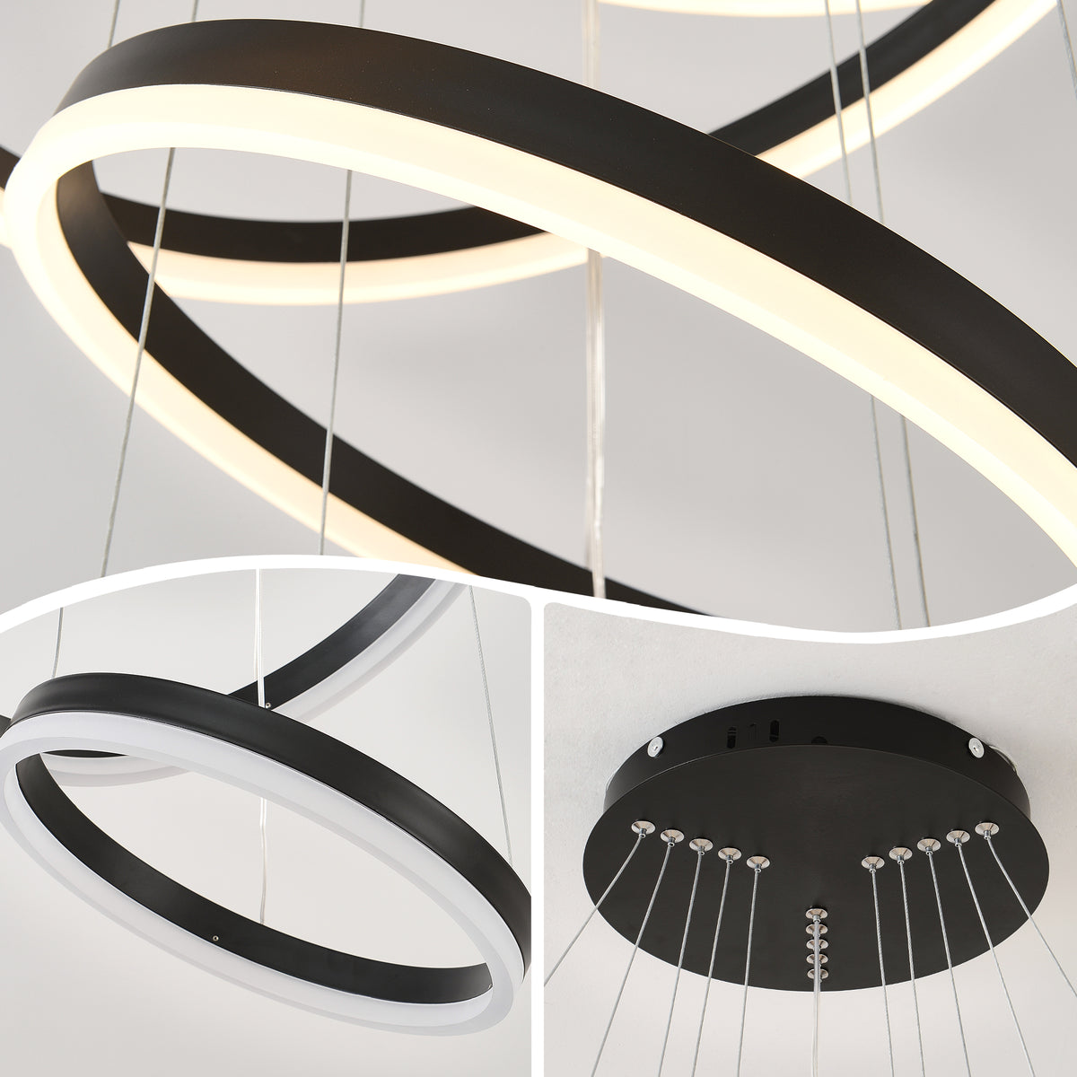 Additional view of Chandelier 3-Ring Dimmable LED Black Acrylic & Aluminum