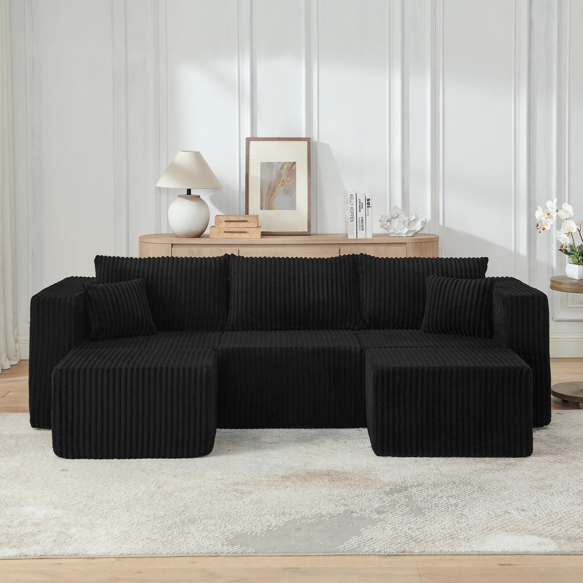 Alternate angle of Sectional Sofa Minimalist Modular Sectional Black Corduroy 3-Seater