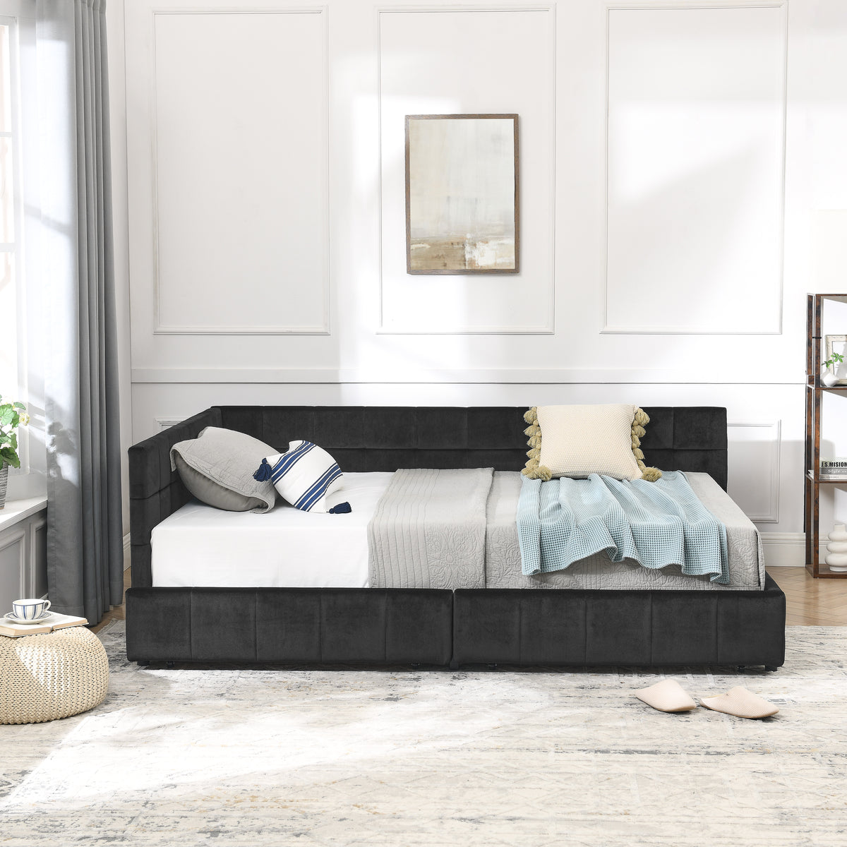 Construction and detail view of Bed Frame Mid-Century Tufted Storage Black Velvet Full Size