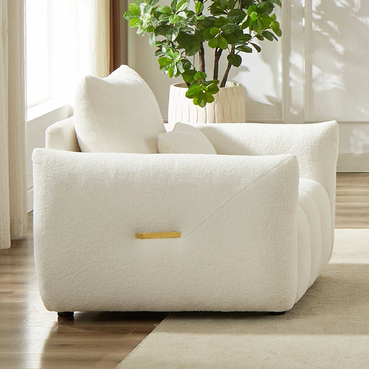 Close-up detail of Lounge Chair Cushioned Seating Beige Teddy Fabric